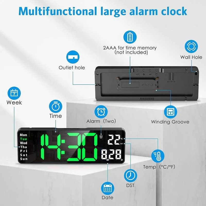 ⚡13" Large Digital Clock with Temperature, Date, Auto DST, Night Light, Auto Brightness Dimmer - Image 7