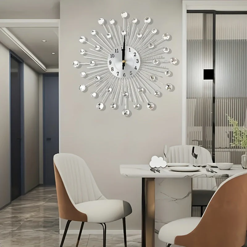 Modern 3D Crystal Wall Clock - 12.4 Inch Silver Mirror with Diamond Decoration