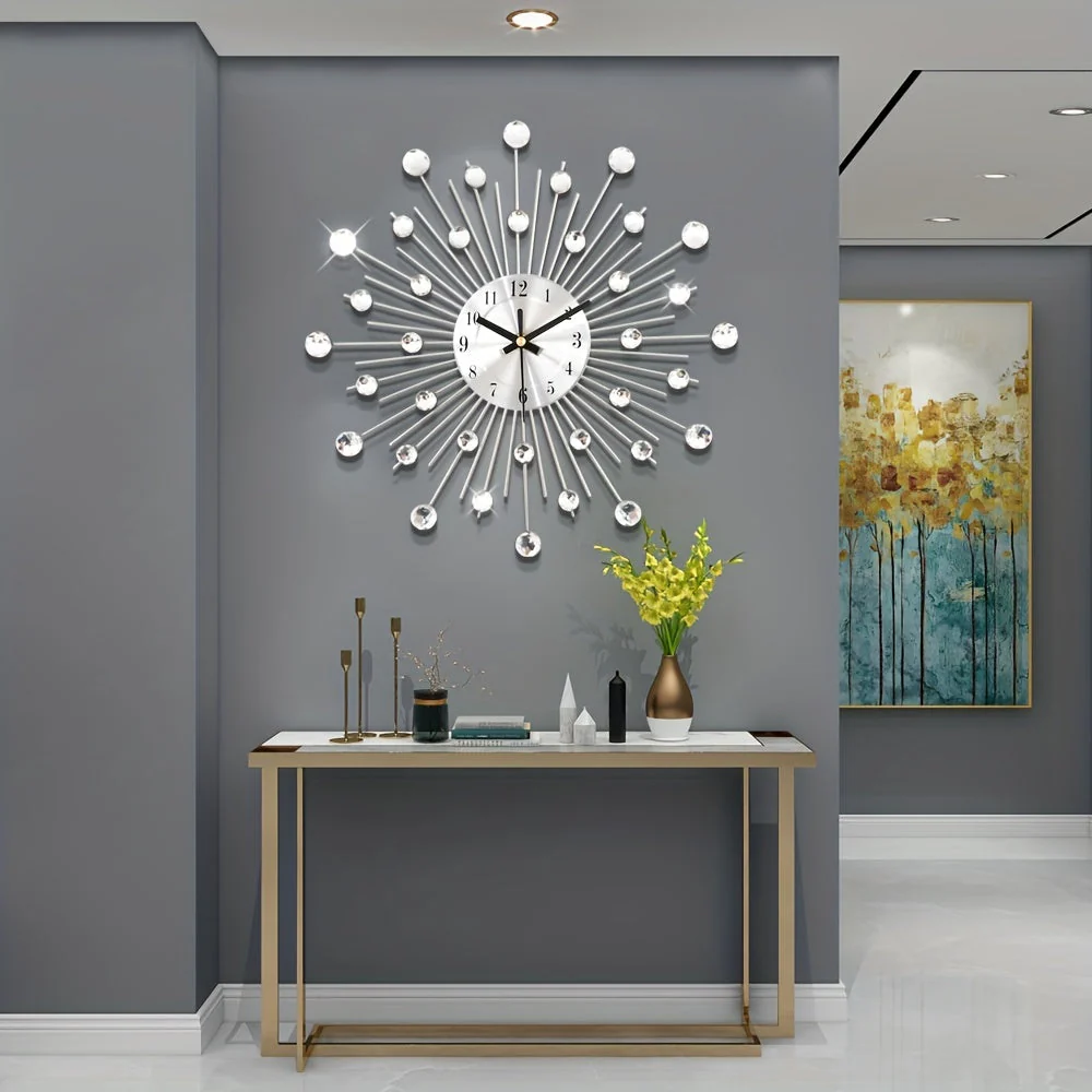 Modern 3D Crystal Wall Clock - 12.4 Inch Silver Mirror with Diamond Decoration - Image 2