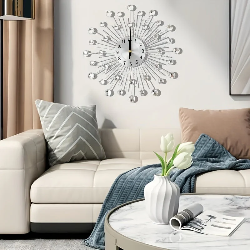 Modern 3D Crystal Wall Clock - 12.4 Inch Silver Mirror with Diamond Decoration - Image 4