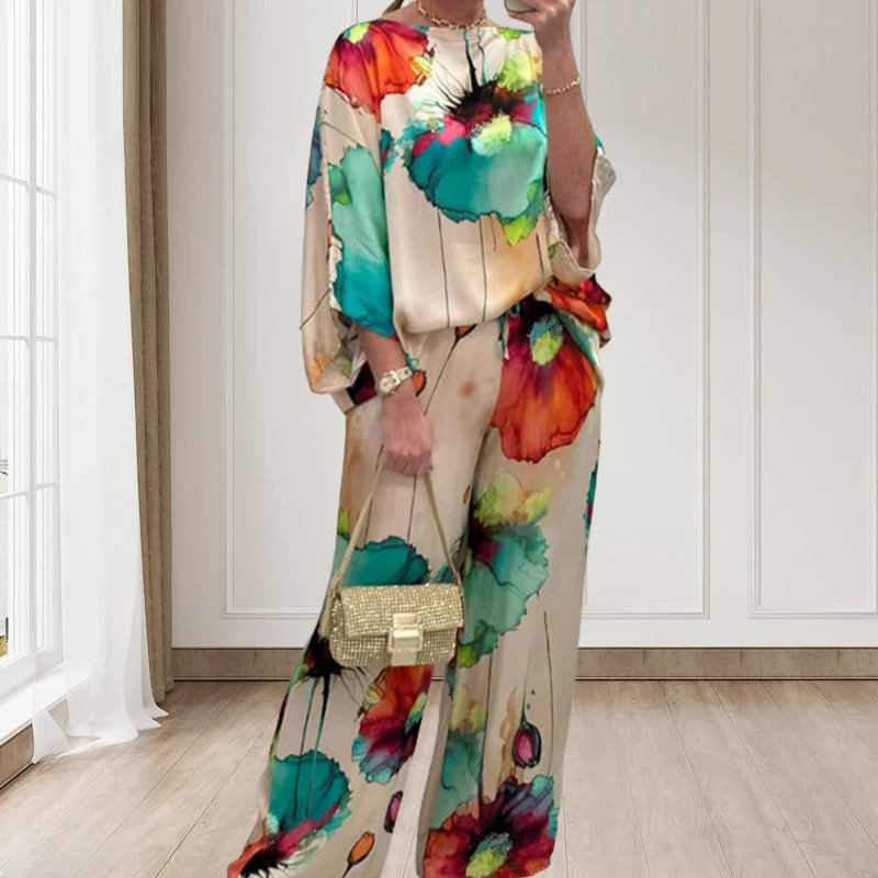 🔥BUY 2 GET 10% OFF💕Stylish Watercolor Floral Print Loose 2-Piece Suit - Image 5