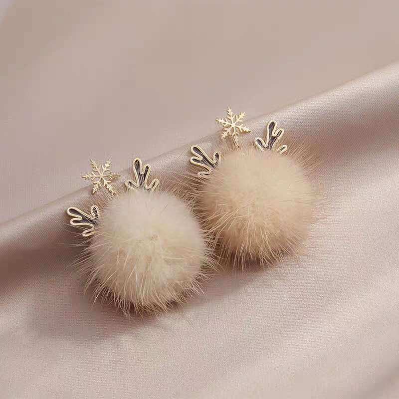 Christmas snowflake antler fur ball earrings - Image 2