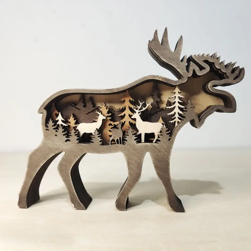 3D Animals Wooden Crafts with Light Deer Moose Home Decor for Wall and Tabletop - Image 3