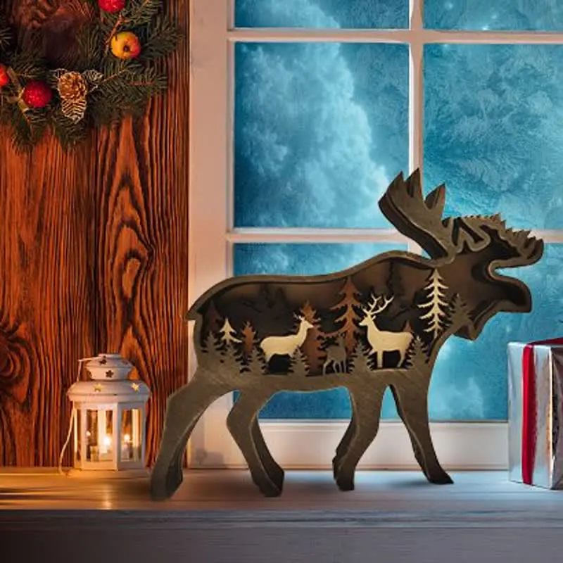 3D Animals Wooden Crafts with Light Deer Moose Home Decor for Wall and Tabletop - Image 4