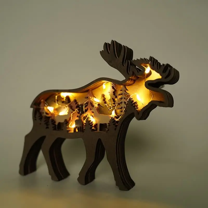 3D Animals Wooden Crafts with Light Deer Moose Home Decor for Wall and Tabletop - Image 6