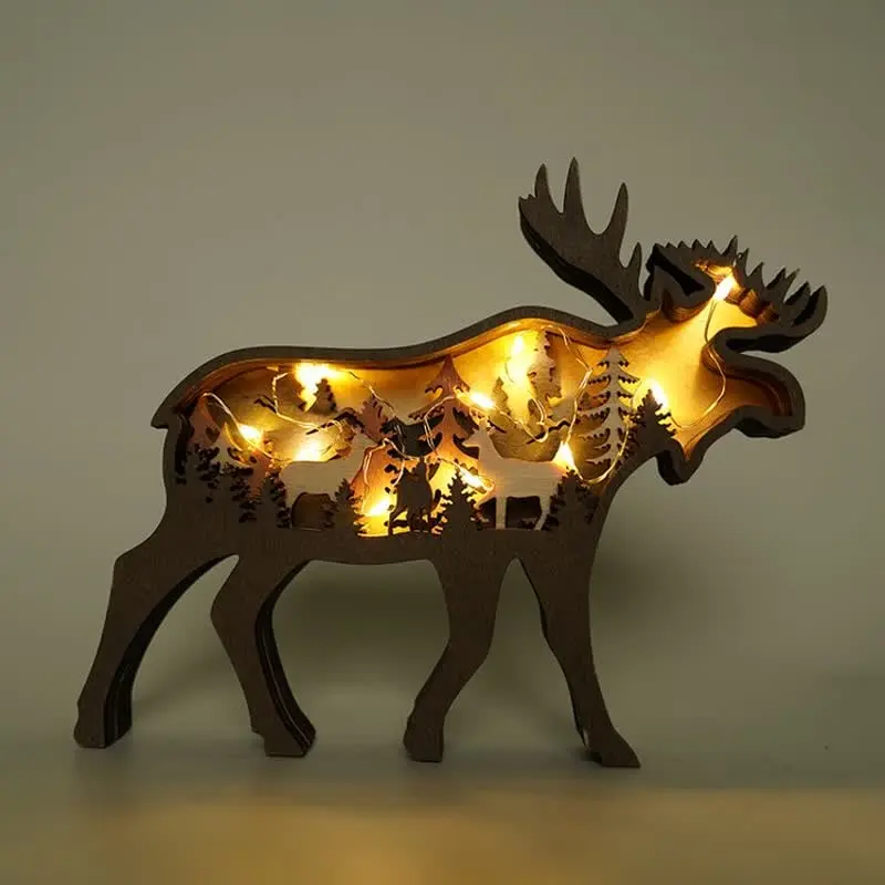 3D Animals Wooden Crafts with Light Deer Moose Home Decor for Wall and Tabletop - Image 9