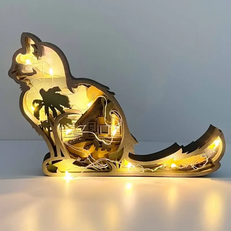 3D Cat Wooden Crafts Wall Decoration with Light Ornaments Home Furnishing Wall Decor - Image 6