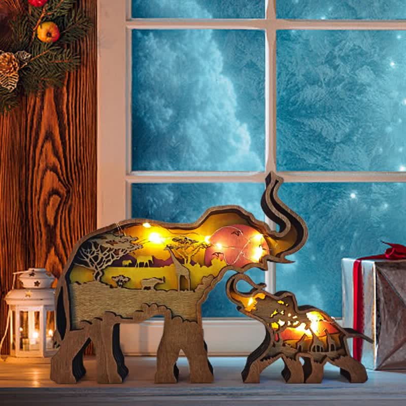 3D Wooden Animals Elephant Carved Statue Parent-Child Office Home Crafts - Image 3