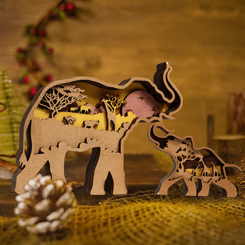 3D Wooden Animals Elephant Carved Statue Parent-Child Office Home Crafts - Image 5