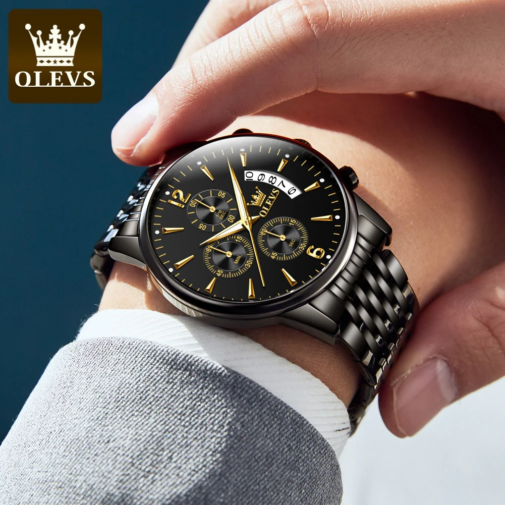 [OLEVS]Luxury Gold Three-eye Chronograph Dial Automatic Mechanical Watch - Image 3