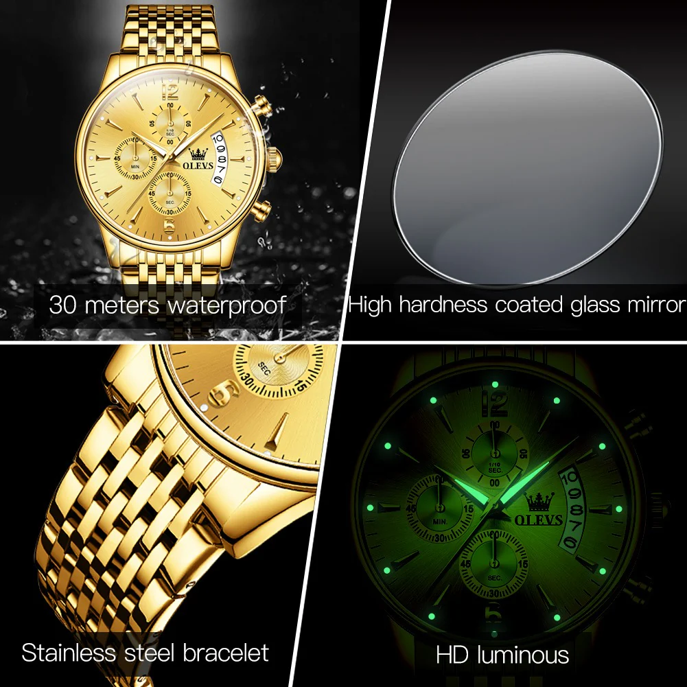 [OLEVS]Luxury Gold Three-eye Chronograph Dial Automatic Mechanical Watch - Image 5