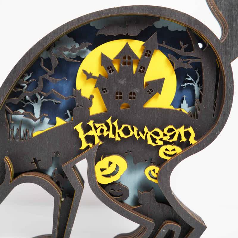 Animals Wooden Crafts Halloween Black Cat 3D Wall Statue Freestanding Art Decor - Image 5