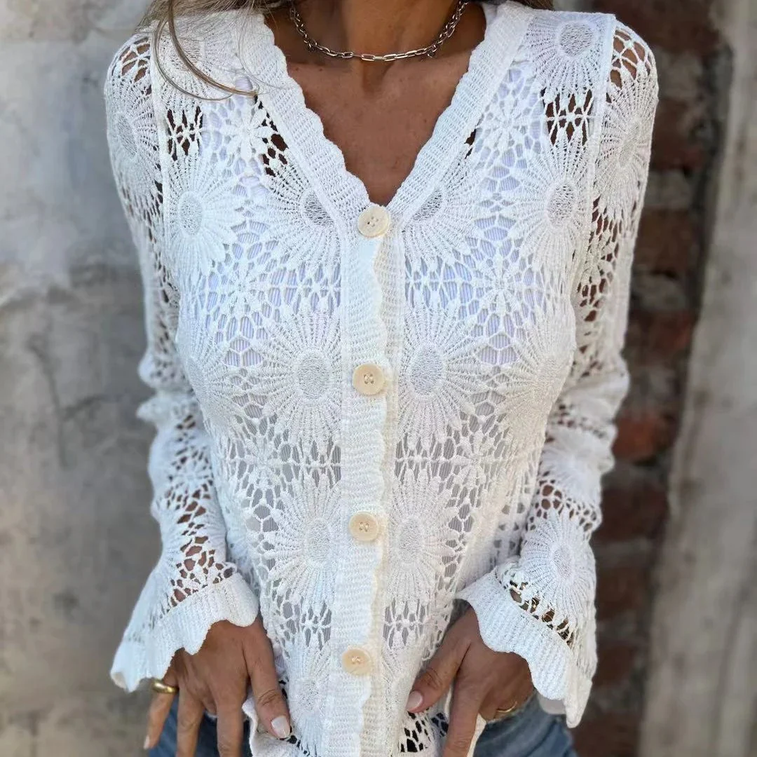🌸Summer hot sale🌸Women lace V-neck long sleeve top - Image 3