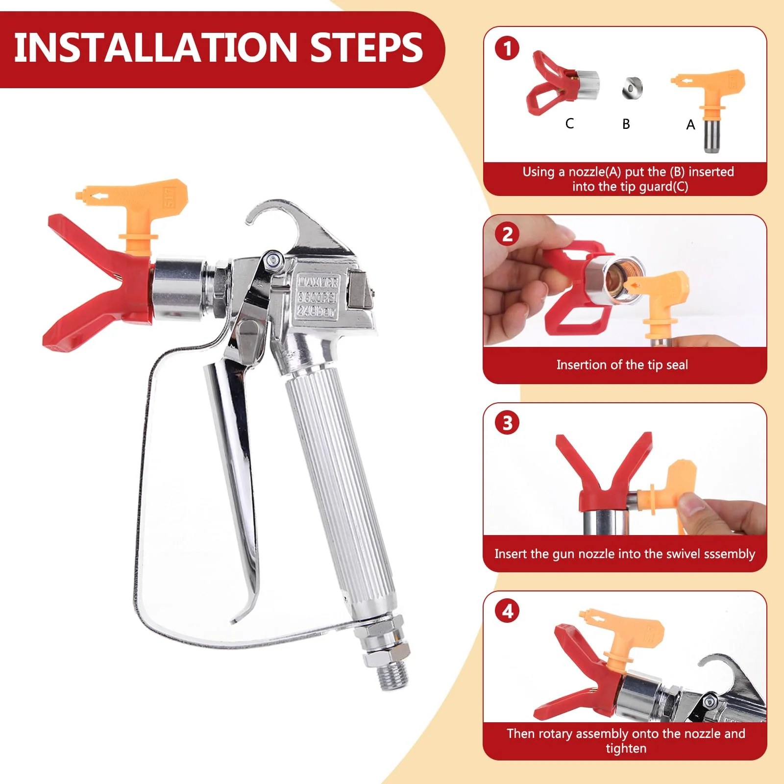 3600PSI Airless Paint Sprayer G u n High Pressure with 517 Yellow Spray Tip Nozzle Guard Power Tool Spraying Machine - Image 3