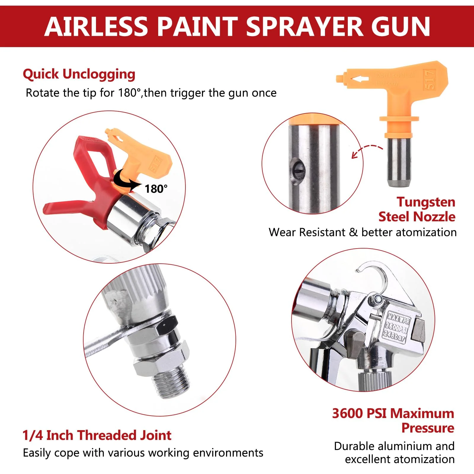 3600PSI Airless Paint Sprayer G u n High Pressure with 517 Yellow Spray Tip Nozzle Guard Power Tool Spraying Machine - Image 4
