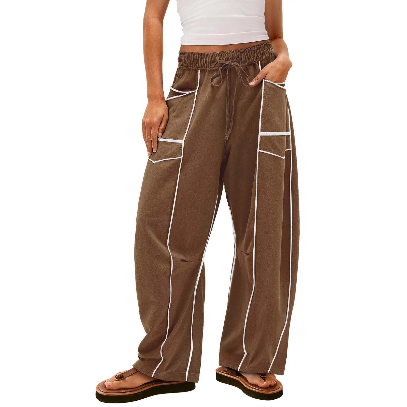 WOMEN'S CASUAL DRAWSTRING WIDE LEG SWEATPANTS BAGGY BARREL PANTS - Image 11