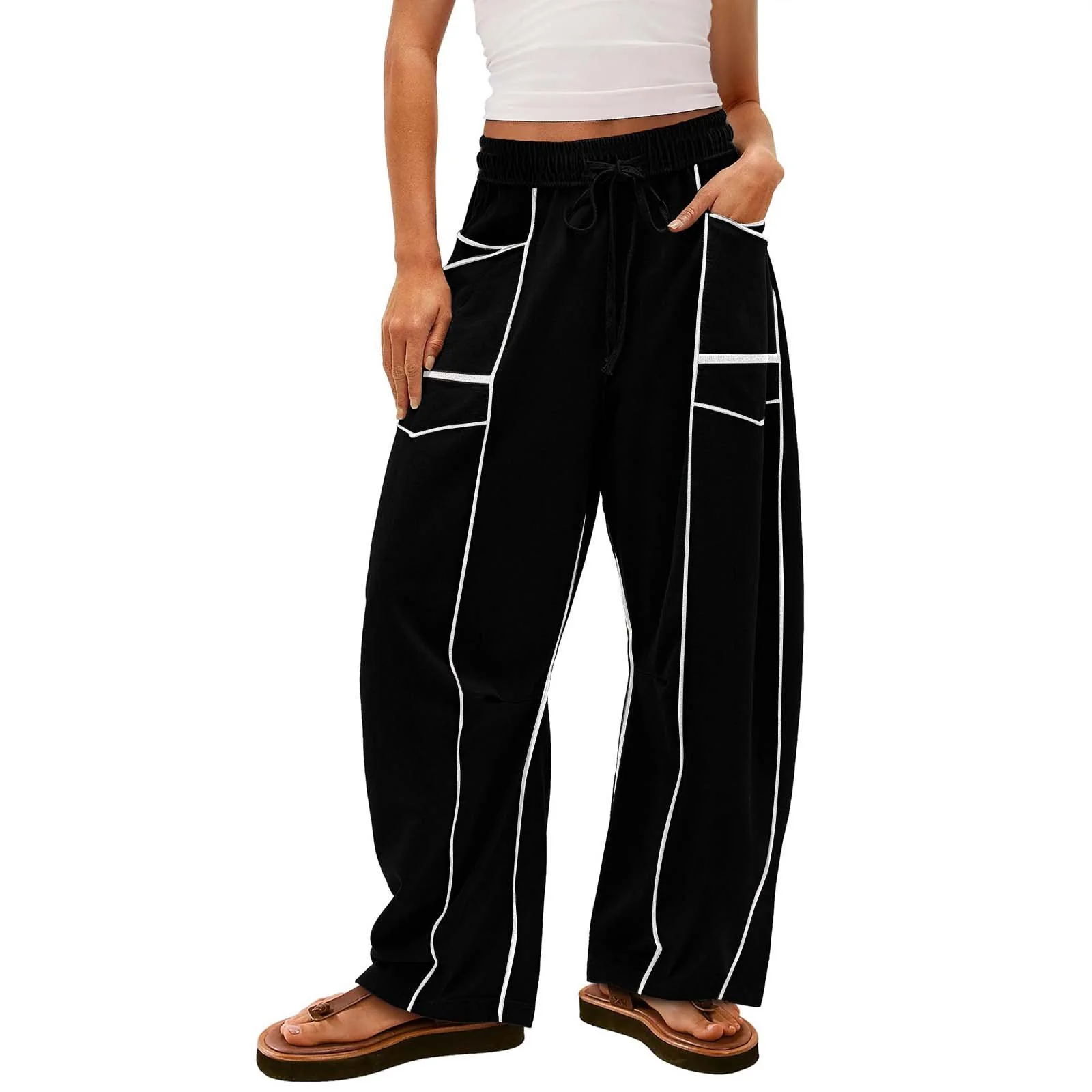WOMEN'S CASUAL DRAWSTRING WIDE LEG SWEATPANTS BAGGY BARREL PANTS - Image 4
