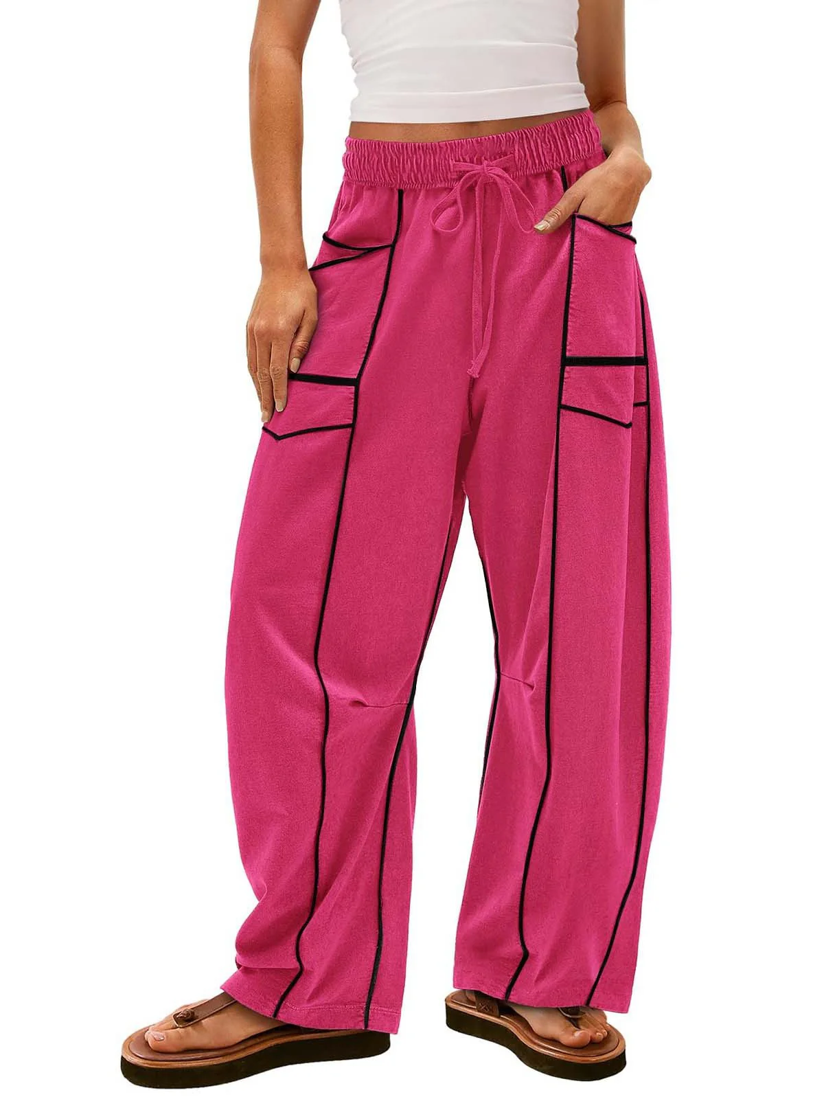 WOMEN'S CASUAL DRAWSTRING WIDE LEG SWEATPANTS BAGGY BARREL PANTS - Image 7