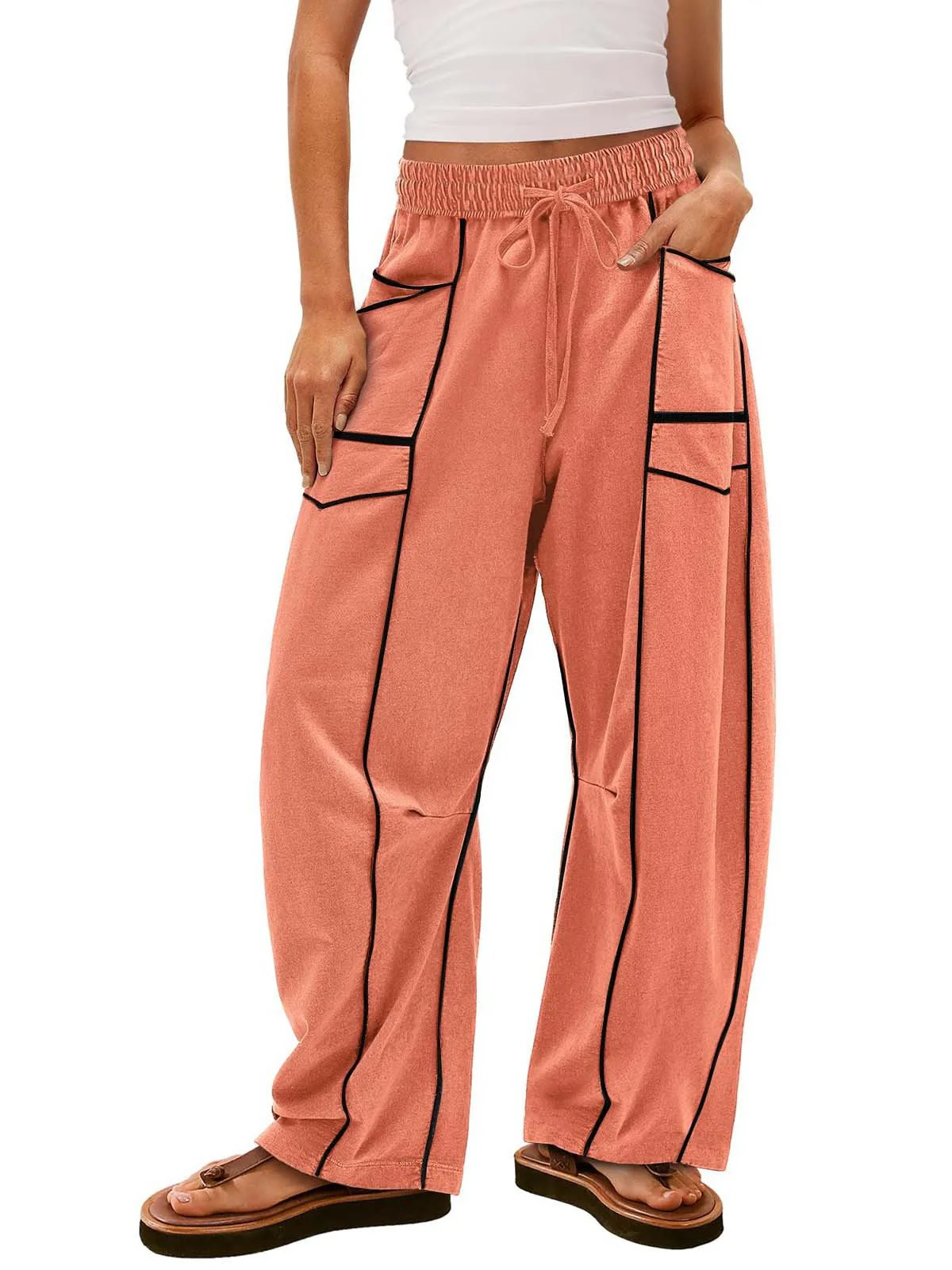 WOMEN'S CASUAL DRAWSTRING WIDE LEG SWEATPANTS BAGGY BARREL PANTS - Image 8