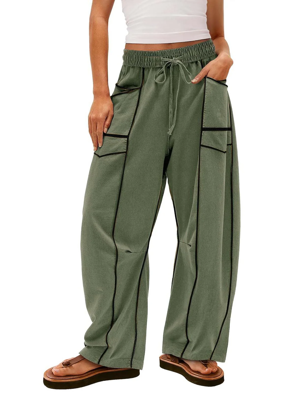 WOMEN'S CASUAL DRAWSTRING WIDE LEG SWEATPANTS BAGGY BARREL PANTS - Image 9