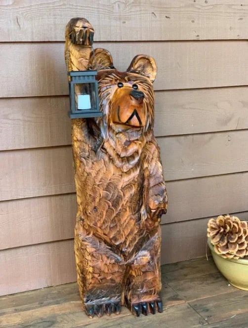 🎄Cedar carved Bear with solar lantern🌲 - Image 5