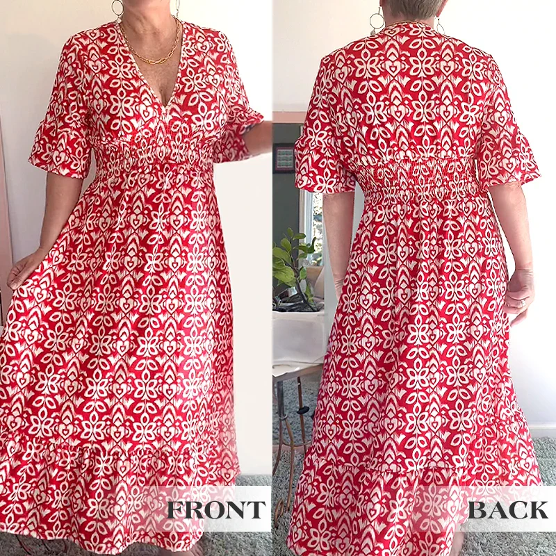 🔥Hot Sale🔥Bohemian casual print V-neck waist wrap long dress - Image 5