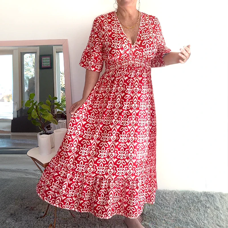 🔥Hot Sale🔥Bohemian casual print V-neck waist wrap long dress - Image 7