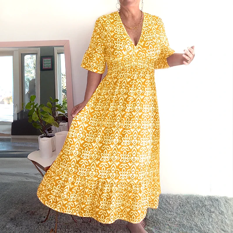 🔥Hot Sale🔥Bohemian casual print V-neck waist wrap long dress - Image 8