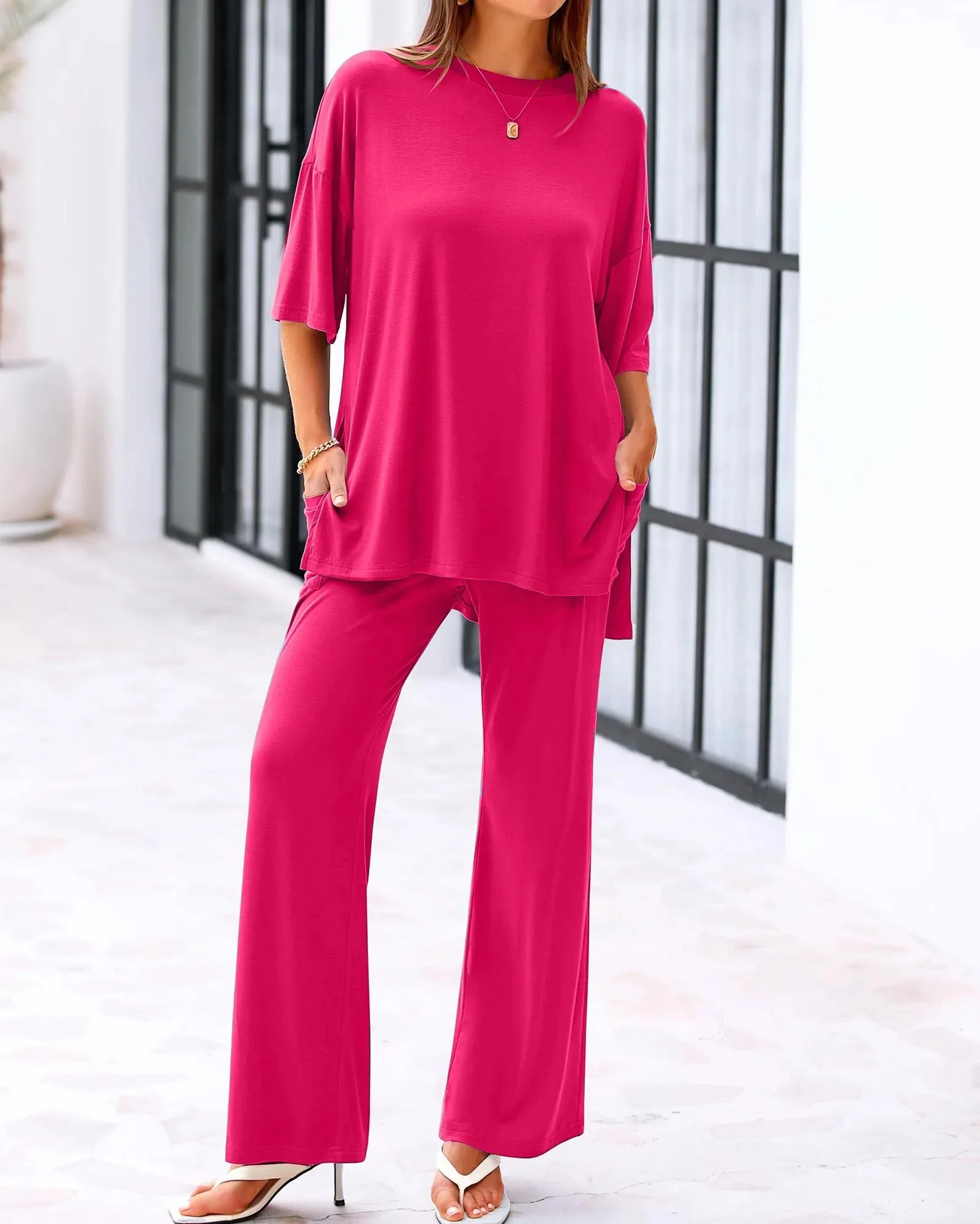Casual 2-Piece Loose-Fit Short Sleeve Top & Wide-Leg Pants Set with Pockets - Image 10