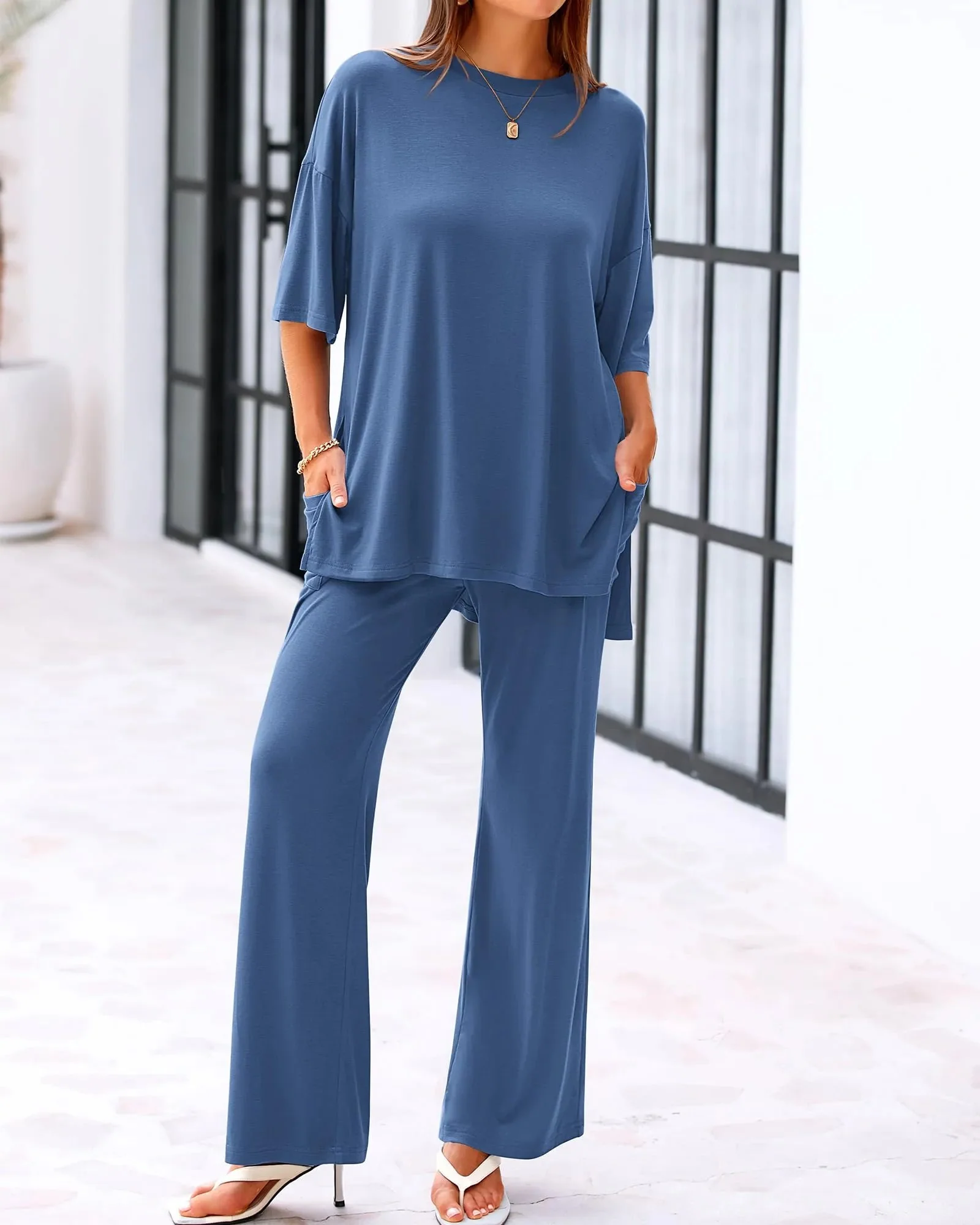 Casual 2-Piece Loose-Fit Short Sleeve Top & Wide-Leg Pants Set with Pockets - Image 13