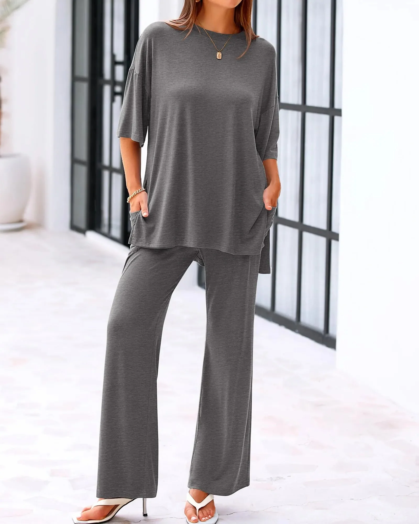 Casual 2-Piece Loose-Fit Short Sleeve Top & Wide-Leg Pants Set with Pockets - Image 2