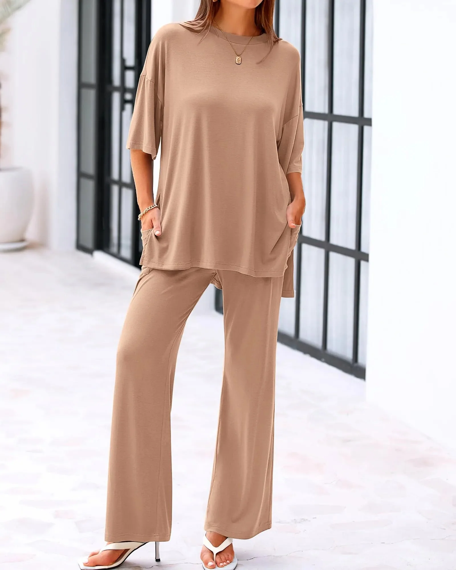 Casual 2-Piece Loose-Fit Short Sleeve Top & Wide-Leg Pants Set with Pockets - Image 3