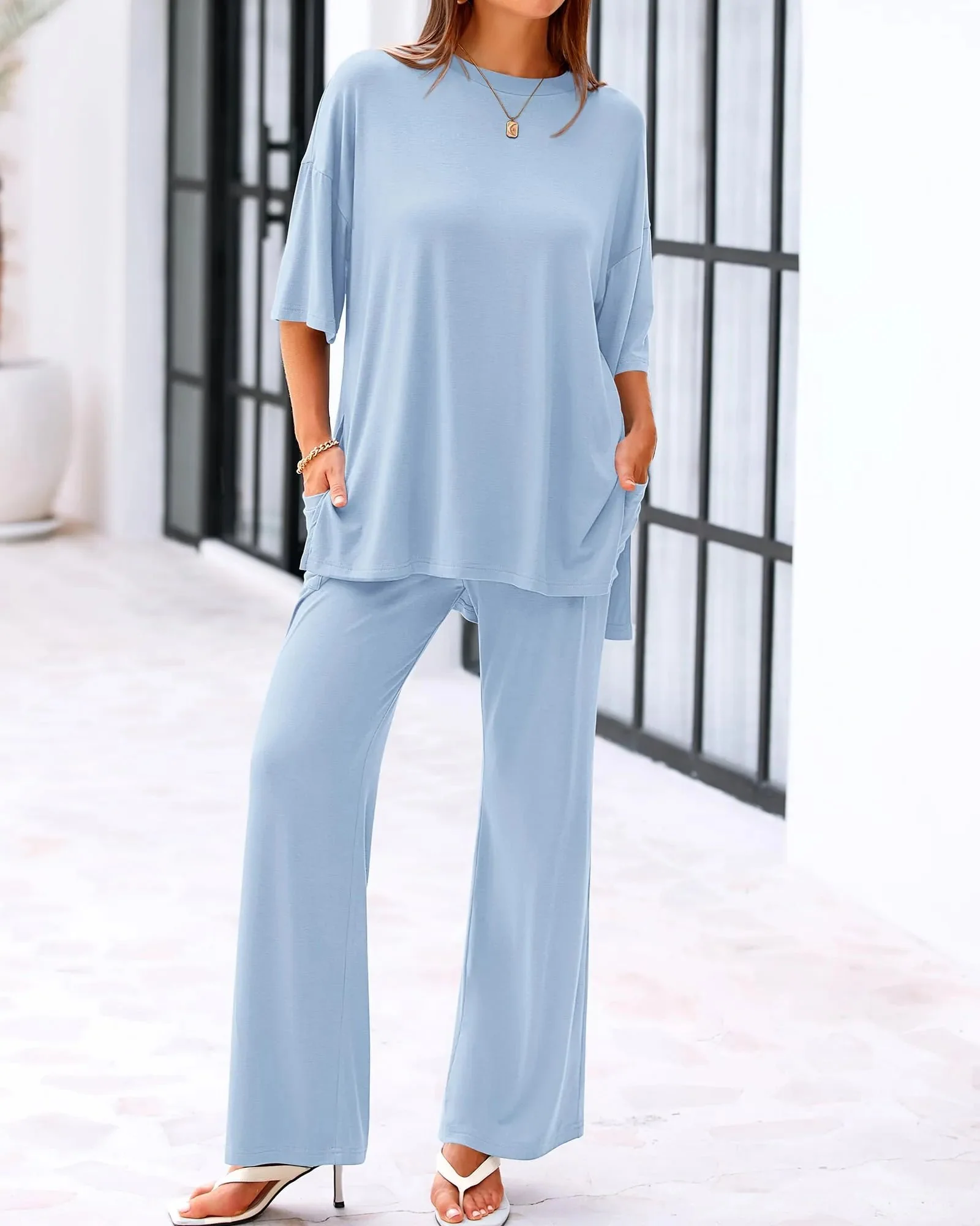 Casual 2-Piece Loose-Fit Short Sleeve Top & Wide-Leg Pants Set with Pockets - Image 4