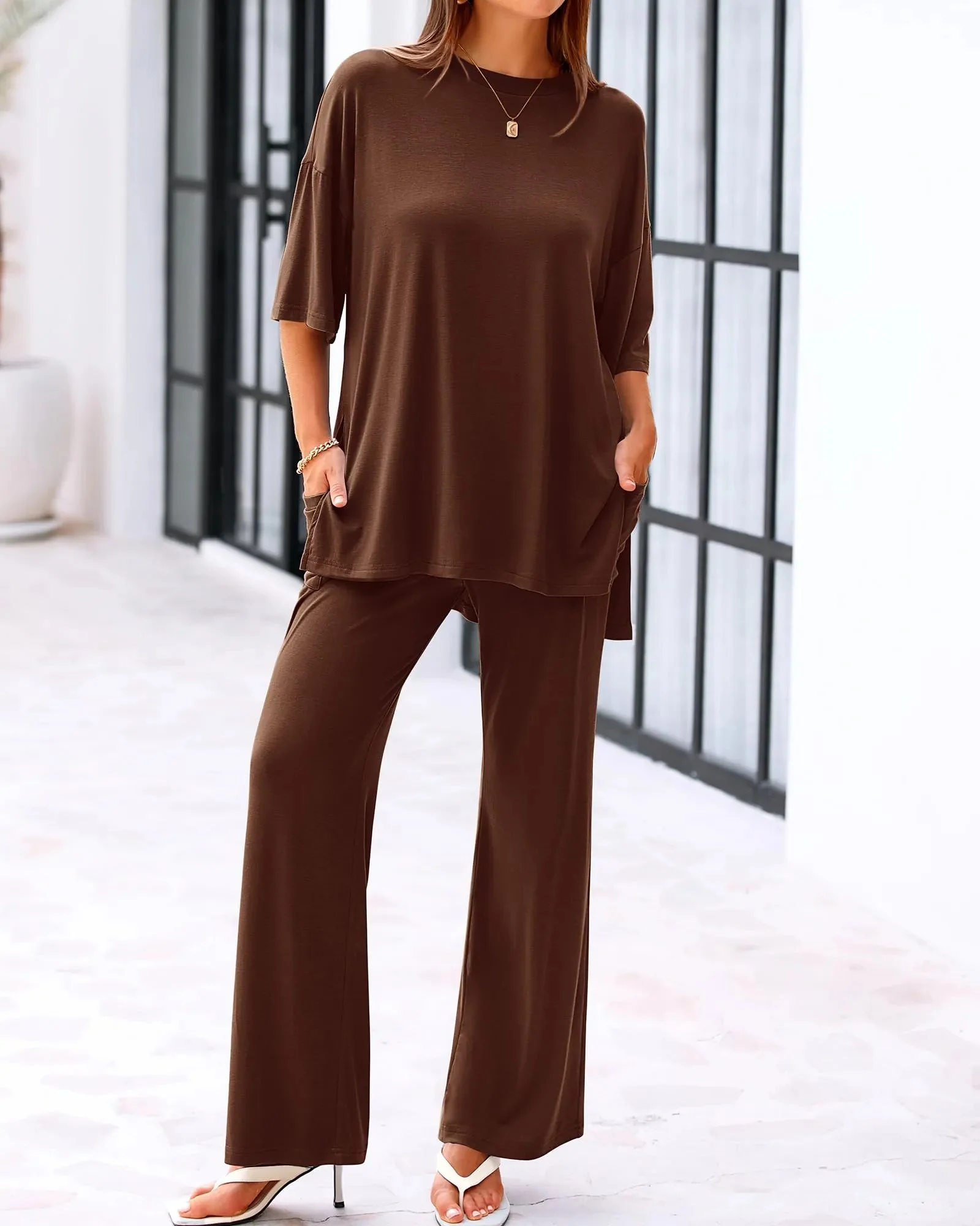 Casual 2-Piece Loose-Fit Short Sleeve Top & Wide-Leg Pants Set with Pockets - Image 5