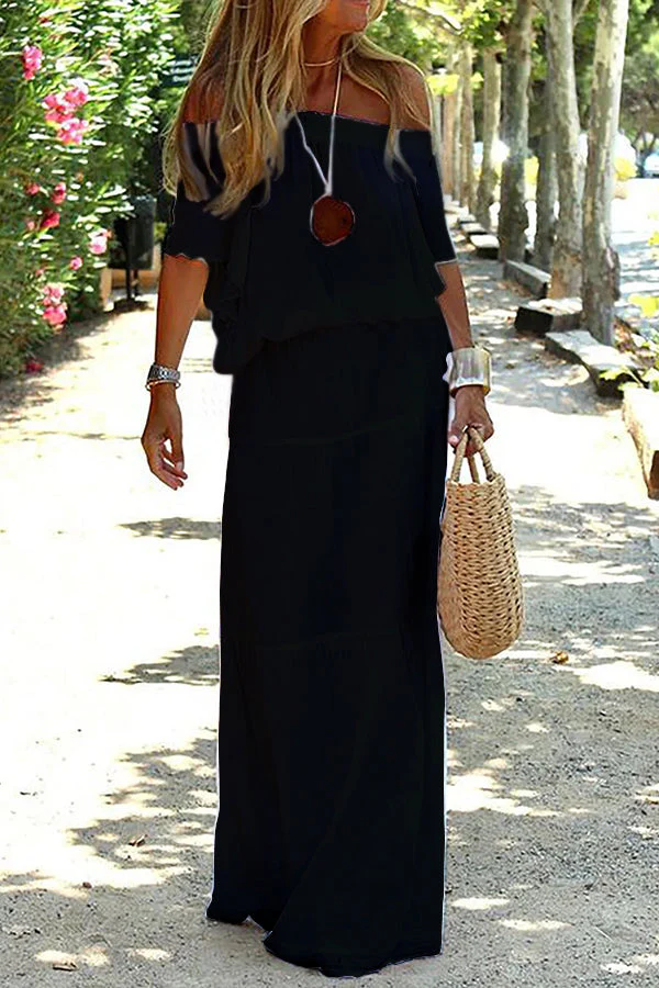 Casual Off Shoulder Solid Beach Maxi Dress - Image 2