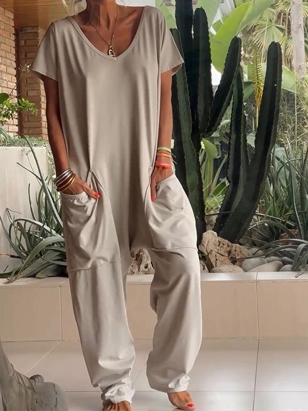 Casual V-neck Solid Color Jumpsuit - Image 3