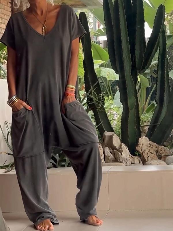 Casual V-neck Solid Color Jumpsuit - Image 5