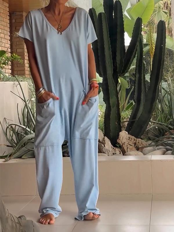 Casual V-neck Solid Color Jumpsuit - Image 7