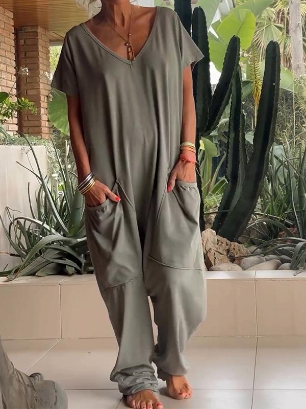 Casual V-neck Solid Color Jumpsuit - Image 8