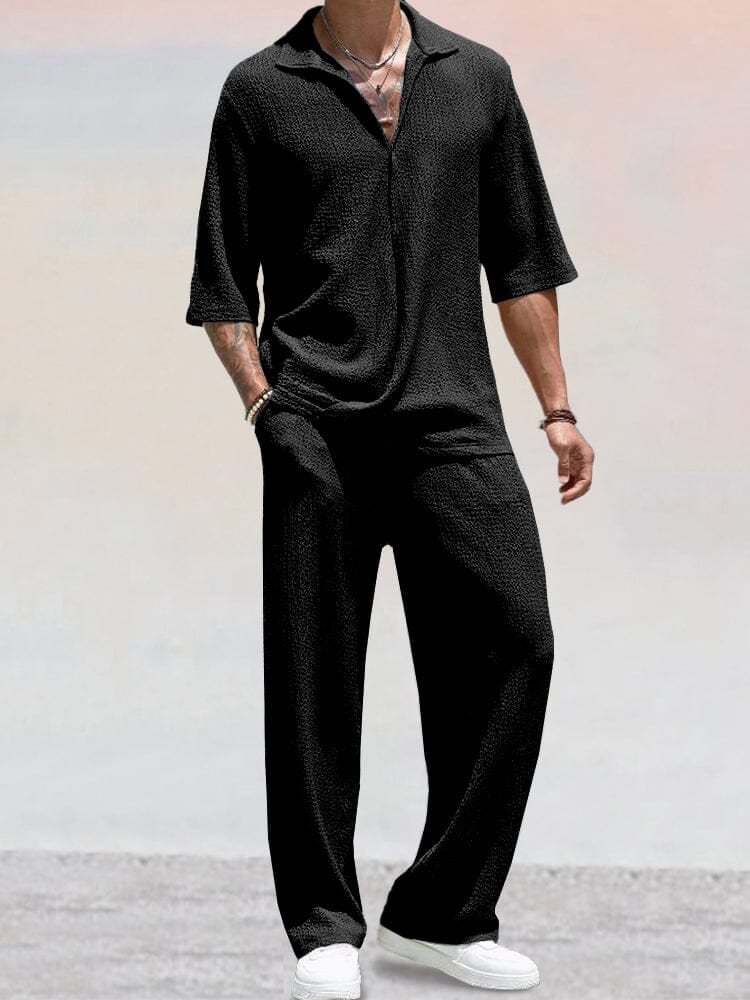 ✈️Buy two and get free shipping!✈️Casual Water Ripple Textured Shirt Set - Image 3