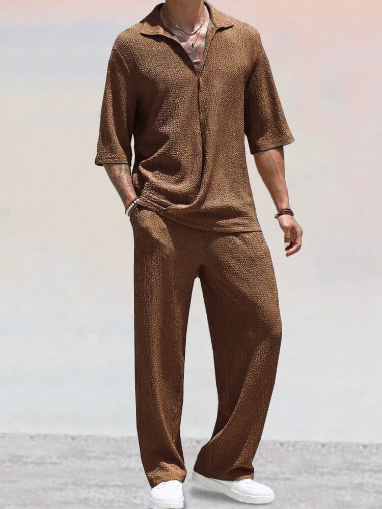✈️Buy two and get free shipping!✈️Casual Water Ripple Textured Shirt Set - Image 4