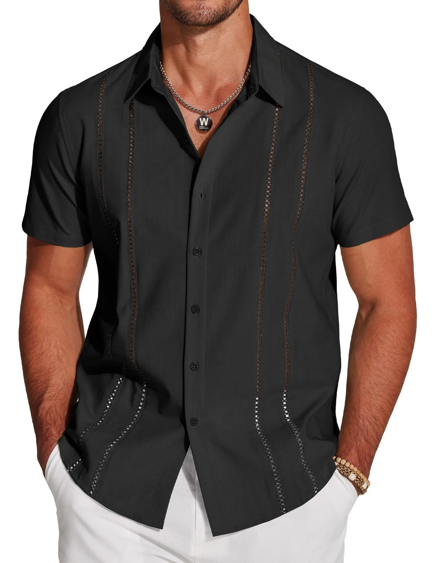 🔥Father's Day Deal -Men's Cuba Guayabera Exquisite Hollow Embroidered Button Front Shirt - Image 2