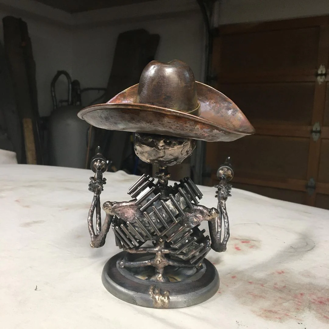 Handmade Cast Cowboy Skull Gunslinger Hood Ornament Sculpture - Image 11