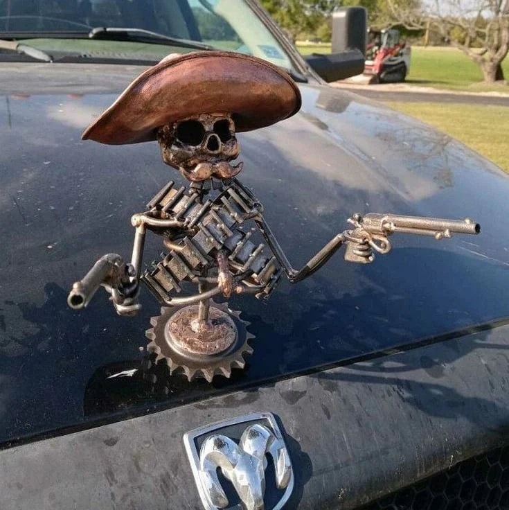 Handmade Cast Cowboy Skull Gunslinger Hood Ornament Sculpture - Image 2