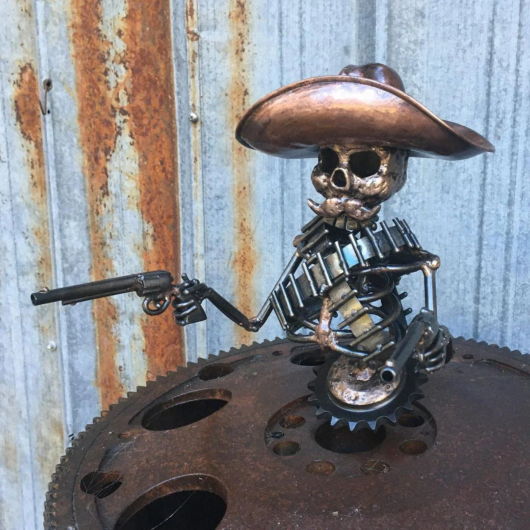 Handmade Cast Cowboy Skull Gunslinger Hood Ornament Sculpture - Image 3