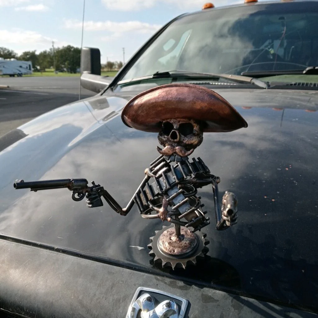 Handmade Cast Cowboy Skull Gunslinger Hood Ornament Sculpture - Image 5