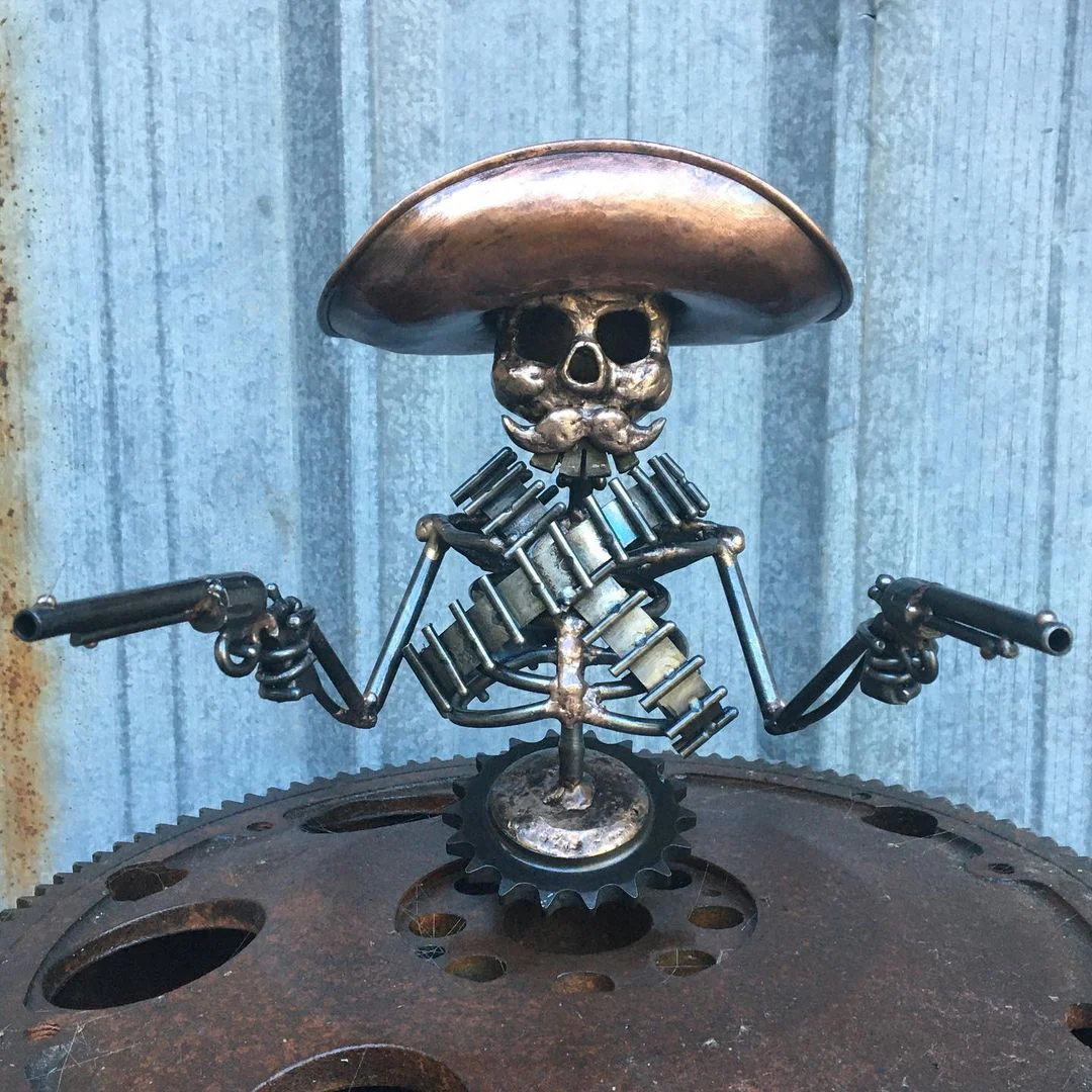 Handmade Cast Cowboy Skull Gunslinger Hood Ornament Sculpture - Image 7