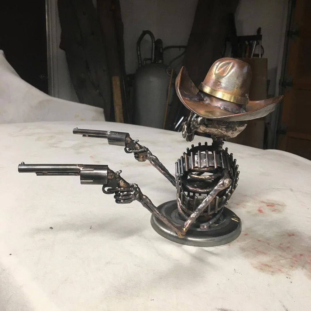 Handmade Cast Cowboy Skull Gunslinger Hood Ornament Sculpture - Image 9