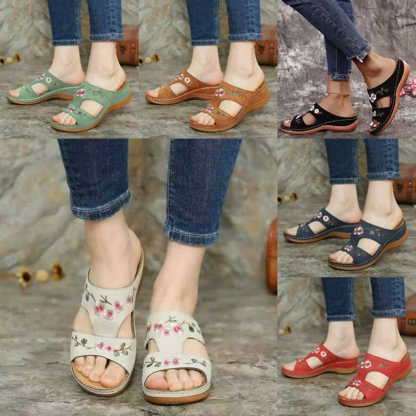 Flower Embroidered Vintage Comfy Wedges Sandals