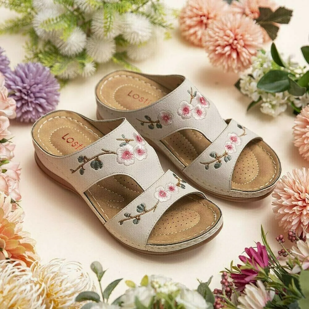 Flower Embroidered Vintage Comfy Wedges Sandals - Image 10